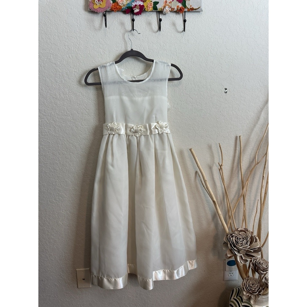Vintage USA Girls Dress Ivory Satin Pearl Floral Beaded Party Pageant 7/8